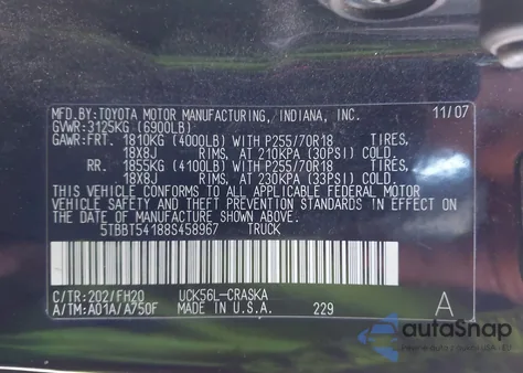 2008 Toyota Tundra Base 4.7L V8 из США, поврежденный, VIN 5TBBT54188S458967